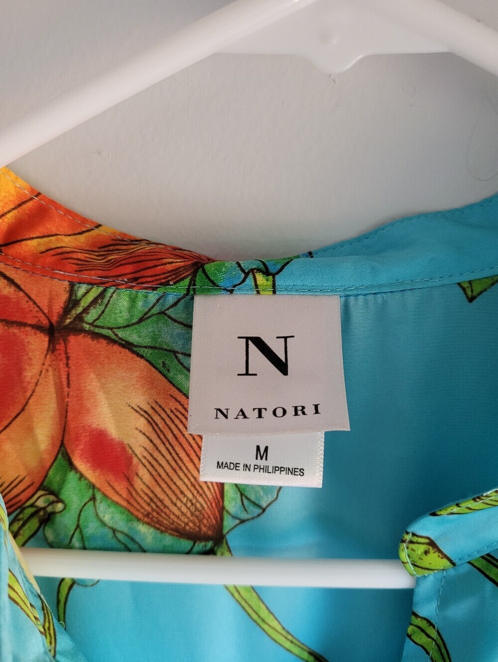 NATORI Floral V-Neck Robe Dress Night Gown Aqua with Orange Floral Size M - Picture 3 of 10